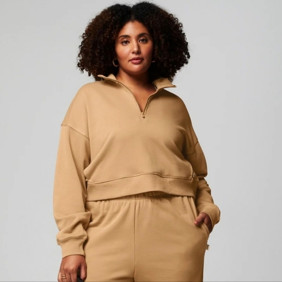 Fabletics Year Round Terry Half Zip Sweatshirt In Quicksand - Picture 1 of 9